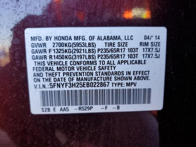 5FNYF3H25EB022867 - 2014 HONDA PILOT LX BURGUNDY photo 14