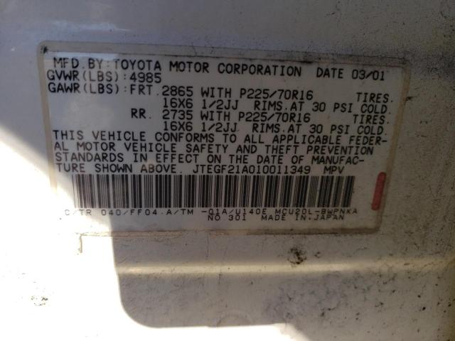 JTEGF21A010011349 - 2001 TOYOTA HIGHLANDER WHITE photo 12