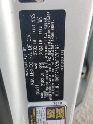 3KPF24AD2ME376192 - 2021 KIA FORTE FE SILVER photo 12