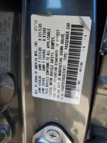 1HGCP2F39CA220811 - 2012 HONDA ACCORD LX GRAY photo 12