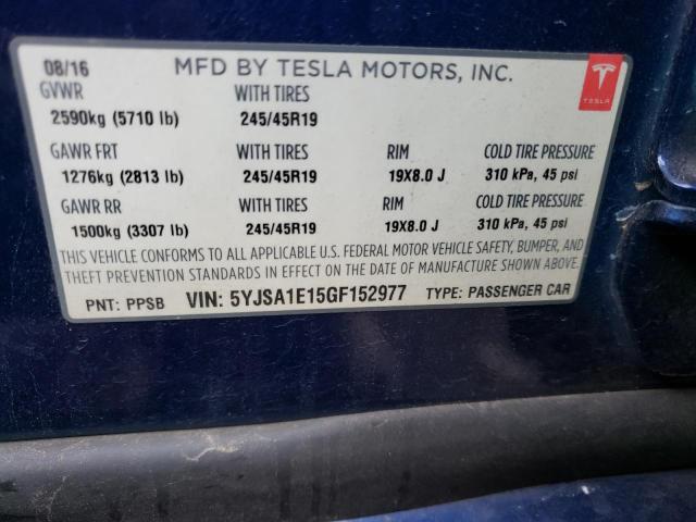 5YJSA1E15GF152977 - 2016 TESLA MODEL S Կապույտ լուսանկար 13