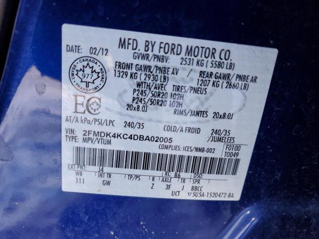 2FMDK4KC4DBA02005 - 2013 FORD EDGE LIMITED BLUE photo 14