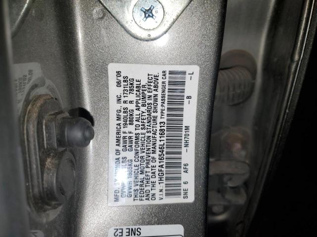 1HGFA16546L116813 - 2006 HONDA CIVIC LX GRAY photo 12