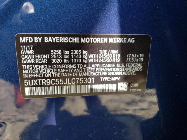 5UXTR9C55JLC75301 - 2018 BMW X3 XDRIVE30I BLUE photo 13