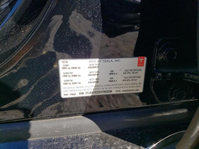 5YJSA1E22LF363296 - 2020 TESLA MODEL S შავი ფოტო 12