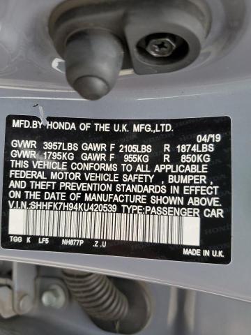 SHHFK7H94KU420539 - 2019 HONDA CIVIC SPORT TOURING SILVER photo 13