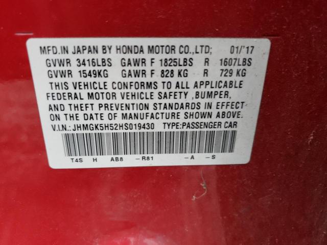 JHMGK5H52HS019430 - 2017 HONDA FIT LX RED photo 12