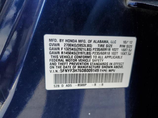 5FNYF3H76DB009149 - 2013 HONDA PILOT EXLN BLUE photo 13