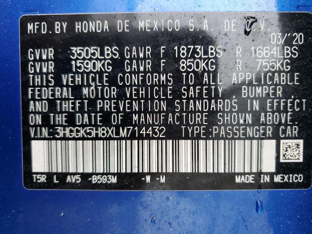 3HGGK5H8XLM714432 - 2020 HONDA FIT EX BLUE photo 12