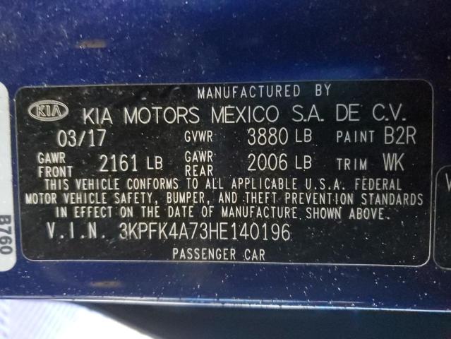 3KPFK4A73HE140196 - 2017 KIA FORTE LX BLUE photo 12