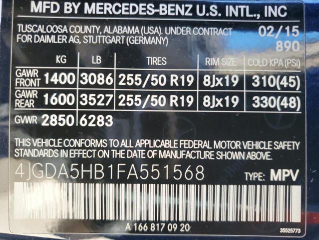 4JGDA5HB1FA551568 - 2015 MERCEDES-BENZ ML 350 4MATIC BLUE photo 12