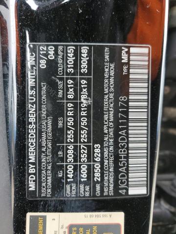 4JGDA5HB3DA117178 - 2013 MERCEDES-BENZ ML 350 4MATIC BLACK photo 12