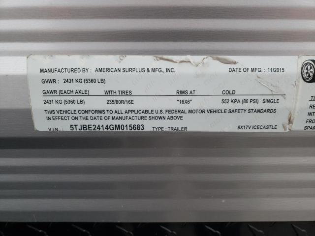 5TJBE2414GM015683 - 2016 AMERICAN MOTORS TRAILER GRAY photo 10