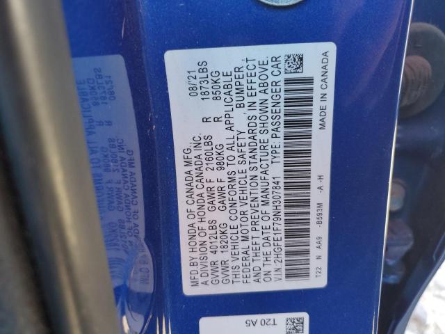 2HGFE1F79NH307841 - 2022 HONDA CIVIC EX BLUE photo 12