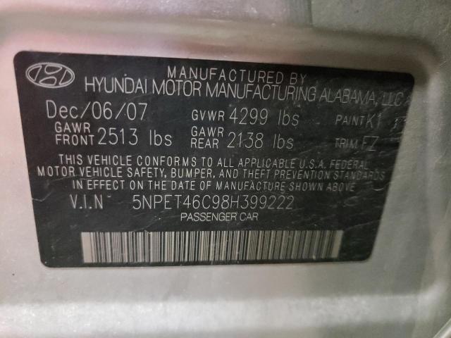 5NPET46C98H399222 - 2008 HYUNDAI SONATA GLS SILVER photo 12