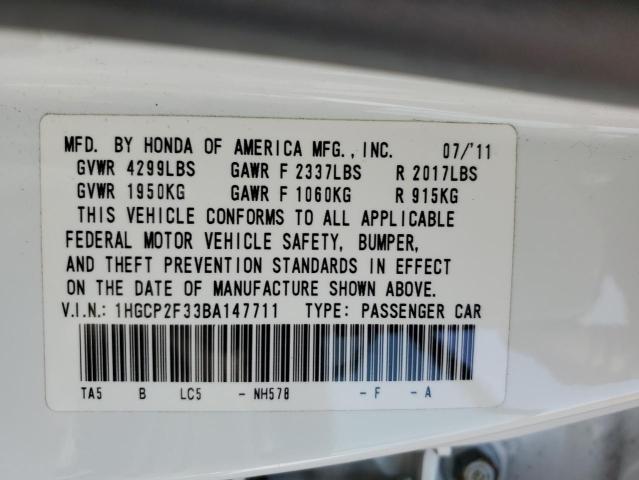 1HGCP2F33BA147711 - 2011 HONDA ACCORD LX WHITE photo 12