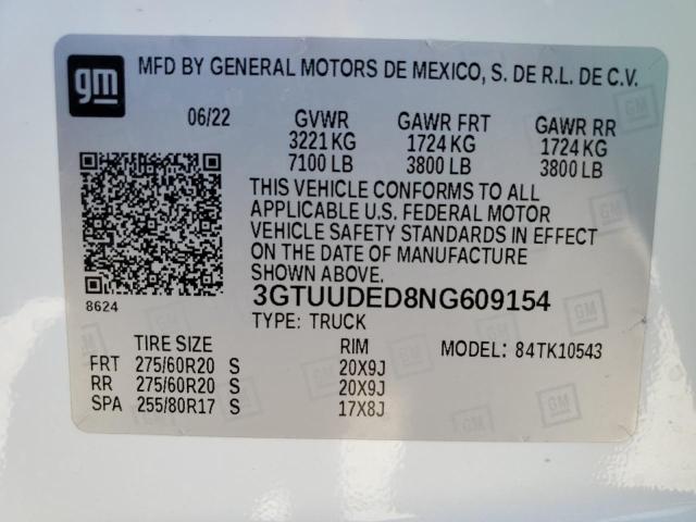 3GTUUDED8NG609154 - 2022 GMC SIERRA K1500 SLT WHITE photo 12