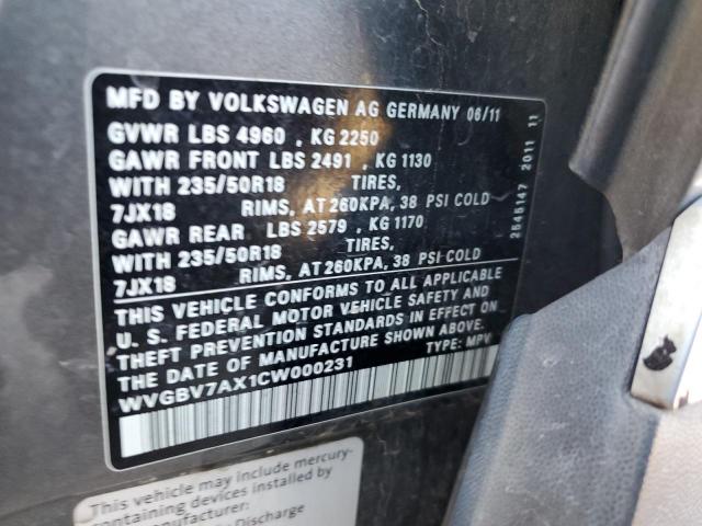 WVGBV7AX1CW000231 - 2012 VOLKSWAGEN TIGUAN S CHARCOAL photo 12