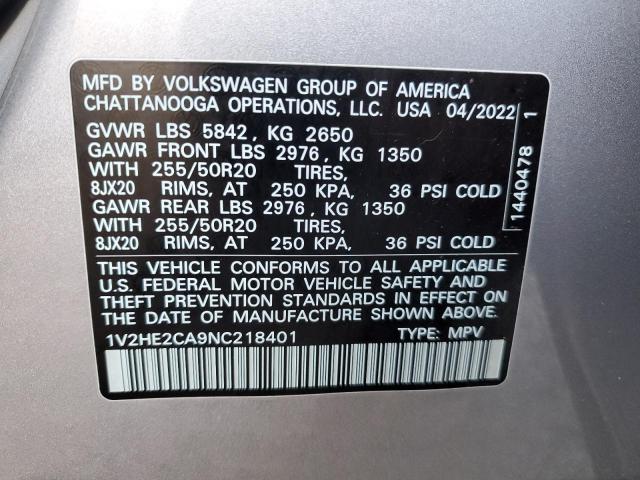 1V2HE2CA9NC218401 - 2022 VOLKSWAGEN ATLAS CROS SE Gümüş foto 13
