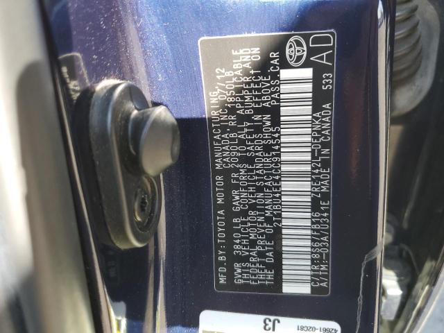 2T1BU4EE4CC914545 - 2012 TOYOTA COROLLA BASE BLUE photo 12