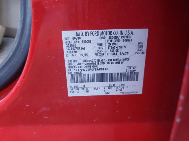 1FTNW21F4YEA88178 - 2000 FORD F250 SUPER DUTY RED photo 12