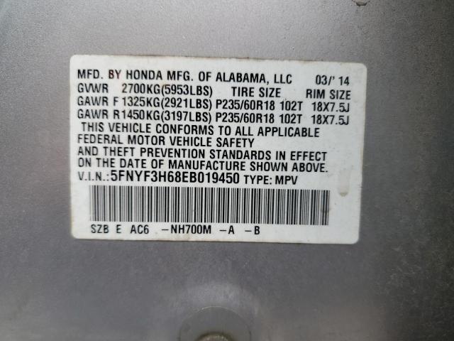 5FNYF3H68EB019450 - 2014 HONDA PILOT EXL SILVER photo 13