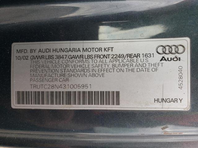 TRUTC28N431005951 - 2003 AUDI TT GRAY photo 12