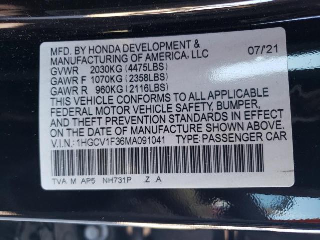 1HGCV1F36MA091041 - 2021 HONDA ACCORD SPORT BLACK photo 12