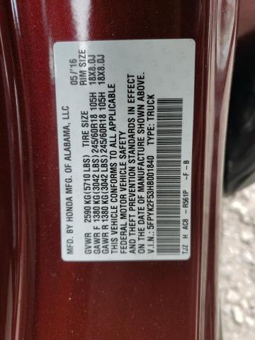 5FPYK2F53HB001840 - 2017 HONDA RIDGELINE RTL BURGUNDY photo 12