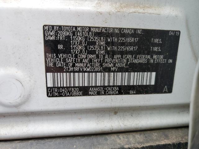 2T3H1RFV1KW023891 - 2019 TOYOTA RAV4 LE WHITE photo 12