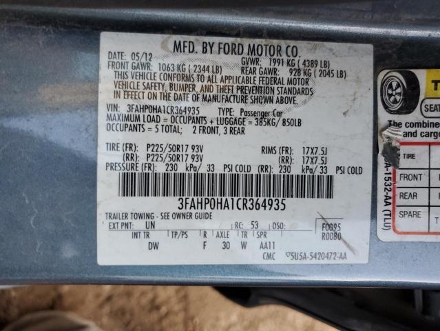 3FAHP0HA1CR364935 - 2012 FORD FUSION SE GRAY photo 12