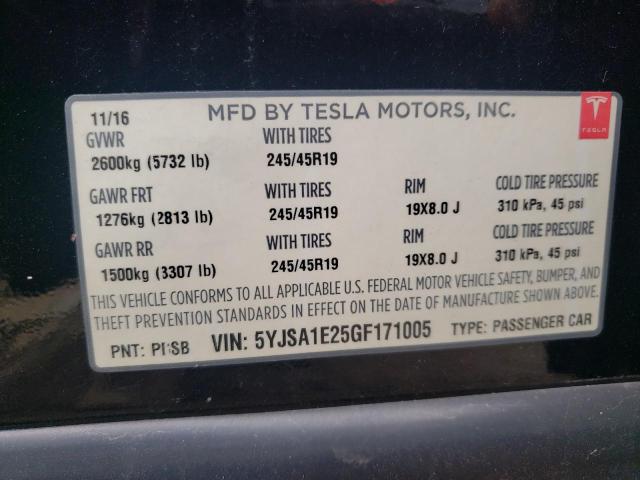 5YJSA1E25GF171005 - 2016 TESLA MODEL S შავი ფოტო 12