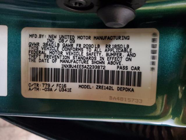 1NXBU4EE5AZ233872 - 2010 TOYOTA COROLLA BASE GREEN photo 12