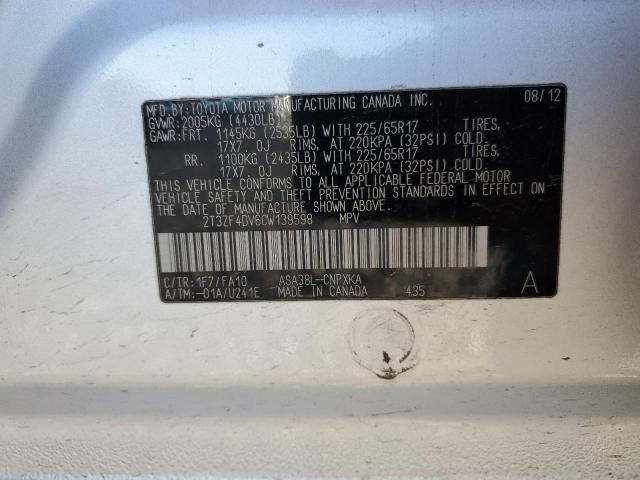 2T3ZF4DV6CW139598 - 2012 TOYOTA RAV4 SILVER photo 13