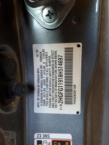 2HGFG11918H514697 - 2008 HONDA CIVIC EXL GRAY photo 12
