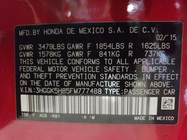 3HGGK5H85FM777488 - 2015 HONDA FIT EX RED photo 12