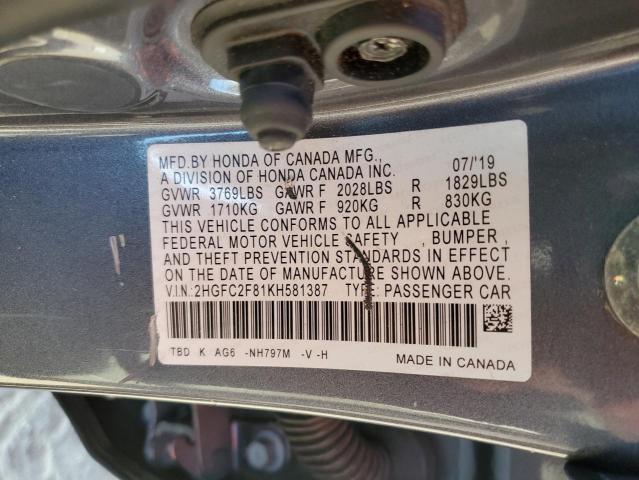 2HGFC2F81KH581387 - 2019 HONDA CIVIC SPORT 灰色 照片 12