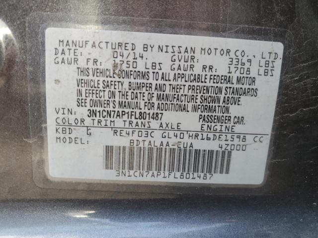 3N1CN7AP1FL801487 - 2015 NISSAN VERSA S CHARCOAL photo 12