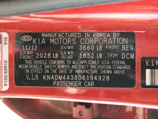 KNADM4A38D6194928 - 2013 KIA RIO LX RED photo 12