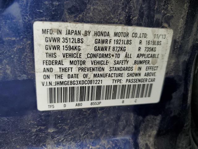 JHMGE8G3XDC081221 - 2013 HONDA FIT BLUE photo 12