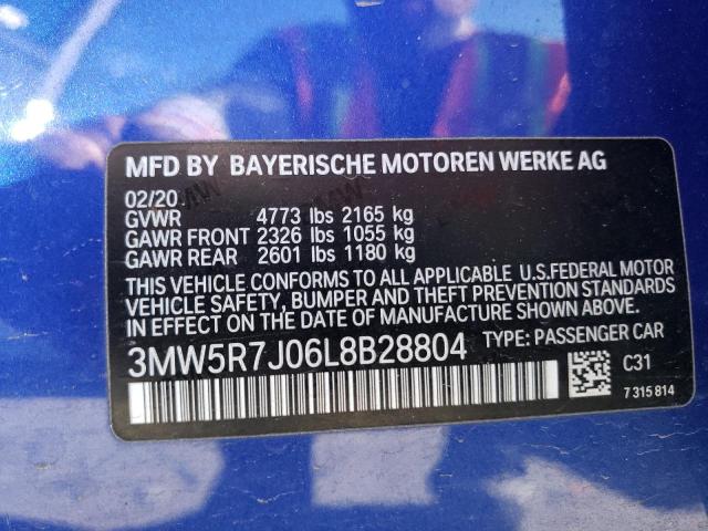 3MW5R7J06L8B28804 - 2020 BMW 330XI BLUE photo 12