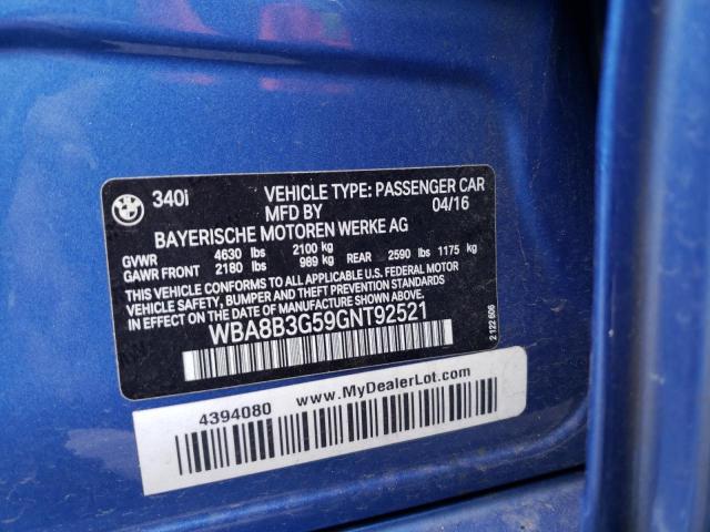 WBA8B3G59GNT92521 - 2016 BMW 340 I أزرق صورة 12