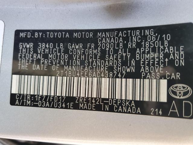 2T1BU4EE6AC438747 - 2010 TOYOTA COROLLA BASE SILVER photo 12