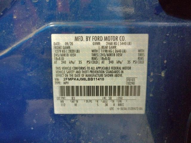 2FMPK4J98LBB11410 - 2020 FORD EDGE SEL BLUE photo 13