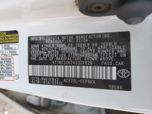 4T1BE32K24U327620 - 2004 TOYOTA CAMRY LE WHITE photo 12