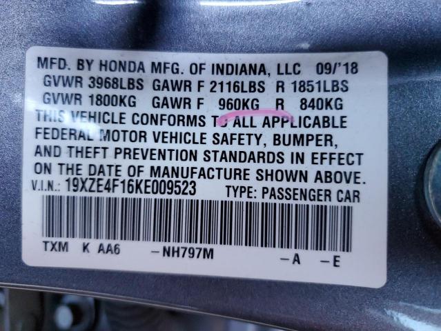 19XZE4F16KE009523 - 2019 HONDA INSIGHT LX GRAY photo 12