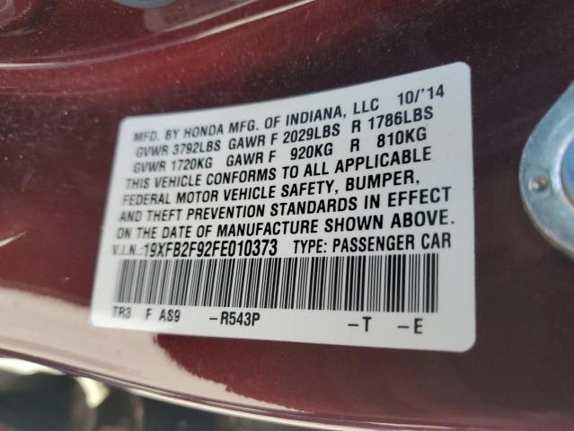 19XFB2F92FE010373 - 2015 HONDA CIVIC EXL წითელი ფოტო 12