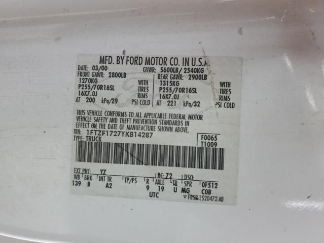 1FTZF1727YKB14287 - 2000 FORD F150 WHITE photo 12