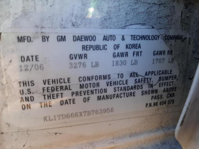 KL1TD666X7B763956 - 2007 CHEVROLET AVEO BASE WHITE photo 12