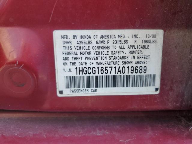 1HGCG16571A019689 - 2001 HONDA ACCORD EX RED photo 12